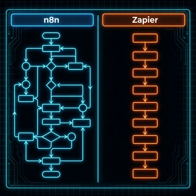 Visueller Vergleich: n8n Node-Graph (links) vs. Zapier Lineare Liste (rechts)