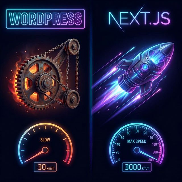 Performance-Vergleich: WordPress (langsame Mechanik, links) vs. Next.js (High-Speed Rakete, rechts)