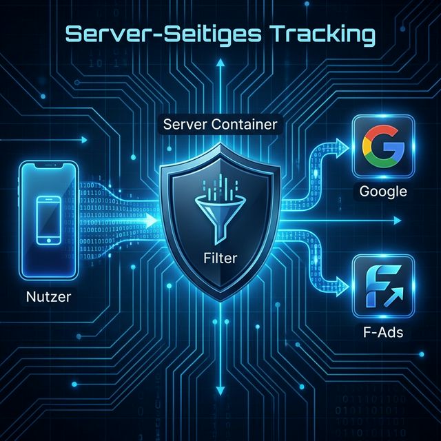 Datenfluss-Diagramm: Server-Side Tracking mit Filter-Funktion (Nutzer → Server → Google/FB)